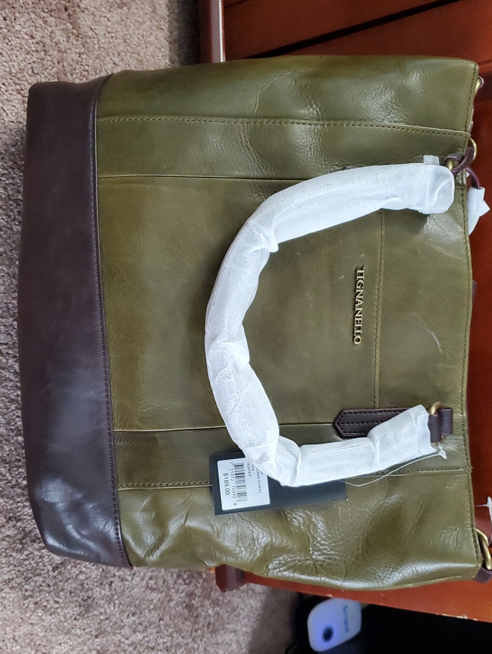 BRAND NEW!!  Tignanello Olive Green and Brown Leather Tote Bag